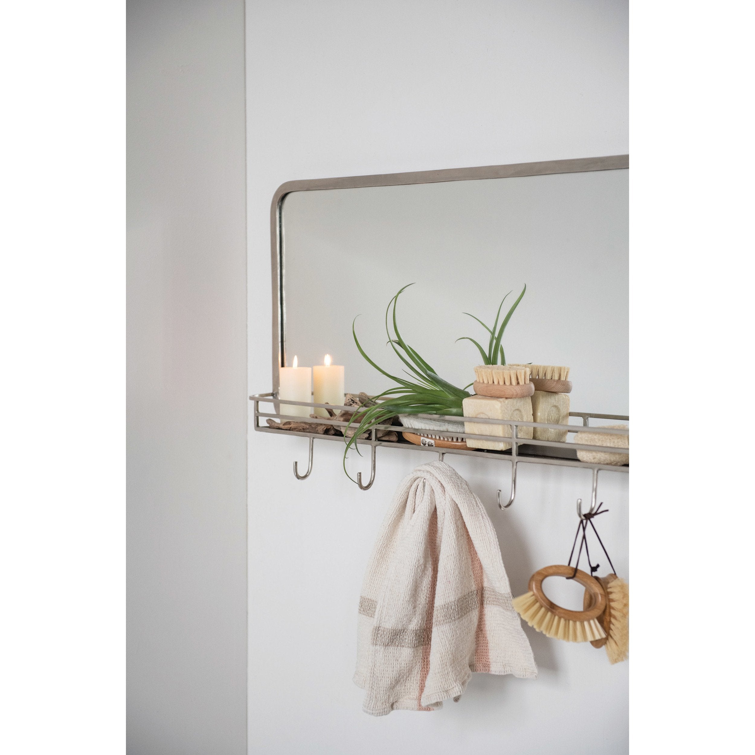 Nickel Finish Metal Framed Wall Mirror w/ Shelf & 7 Hooks
