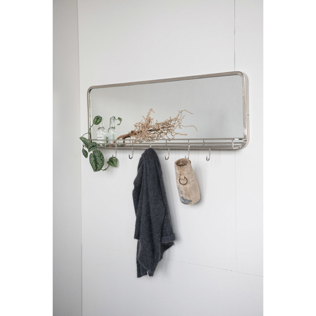 Nickel Finish Metal Framed Wall Mirror w/ Shelf & 7 Hooks