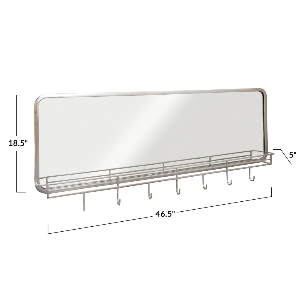 Nickel Finish Metal Framed Wall Mirror w/ Shelf & 7 Hooks