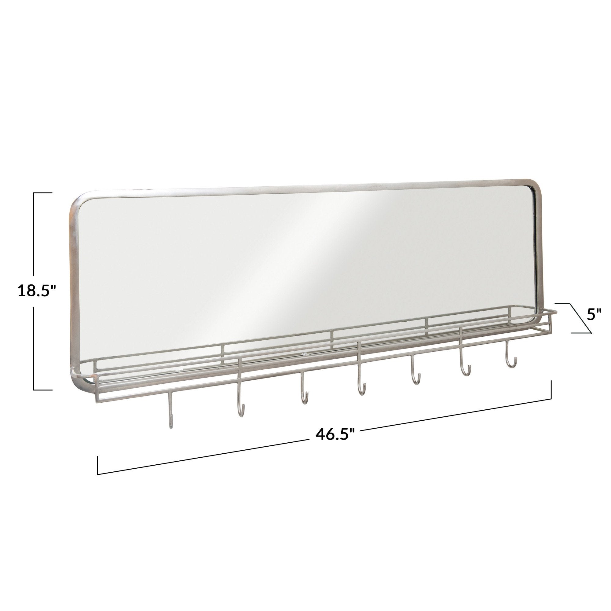 Nickel Finish Metal Framed Wall Mirror w/ Shelf & 7 Hooks