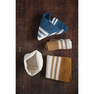 S/3 Mustard, Brown & Blue Striped Cotton Knit Dish Cloths in Cotton Bag