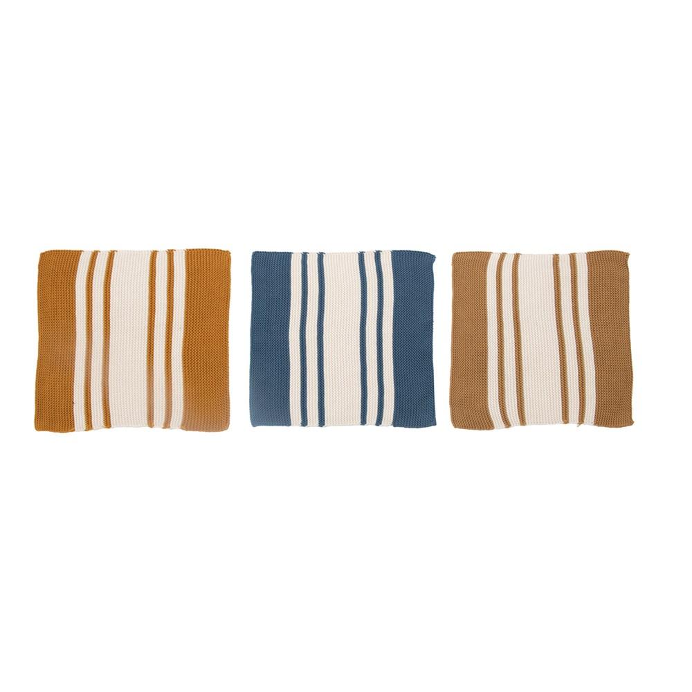 S/3 Mustard, Brown & Blue Striped Cotton Knit Dish Cloths in Cotton Bag