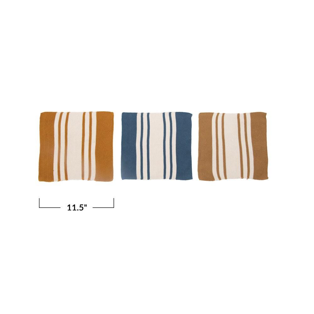 S/3 Mustard, Brown & Blue Striped Cotton Knit Dish Cloths in Cotton Bag