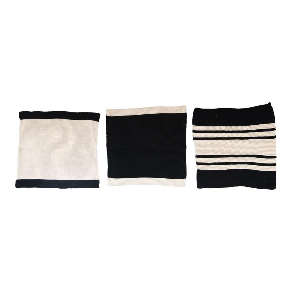 S/3 Black & Cream Cotton Knit Dish Cloths in Cotton Bag
