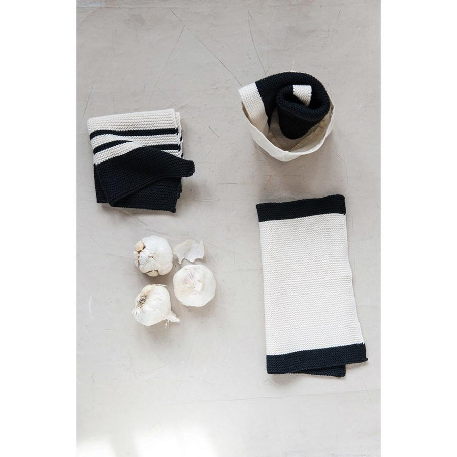 S/3 Black & Cream Cotton Knit Dish Cloths in Cotton Bag