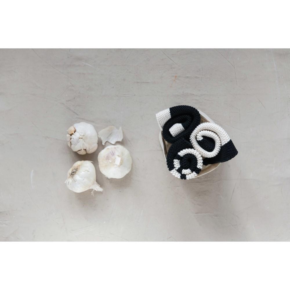 S/3 Black & Cream Cotton Knit Dish Cloths in Cotton Bag