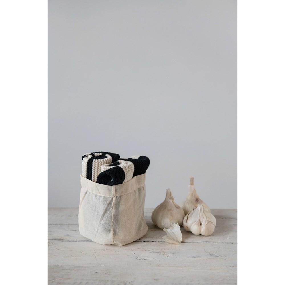S/3 Black & Cream Cotton Knit Dish Cloths in Cotton Bag