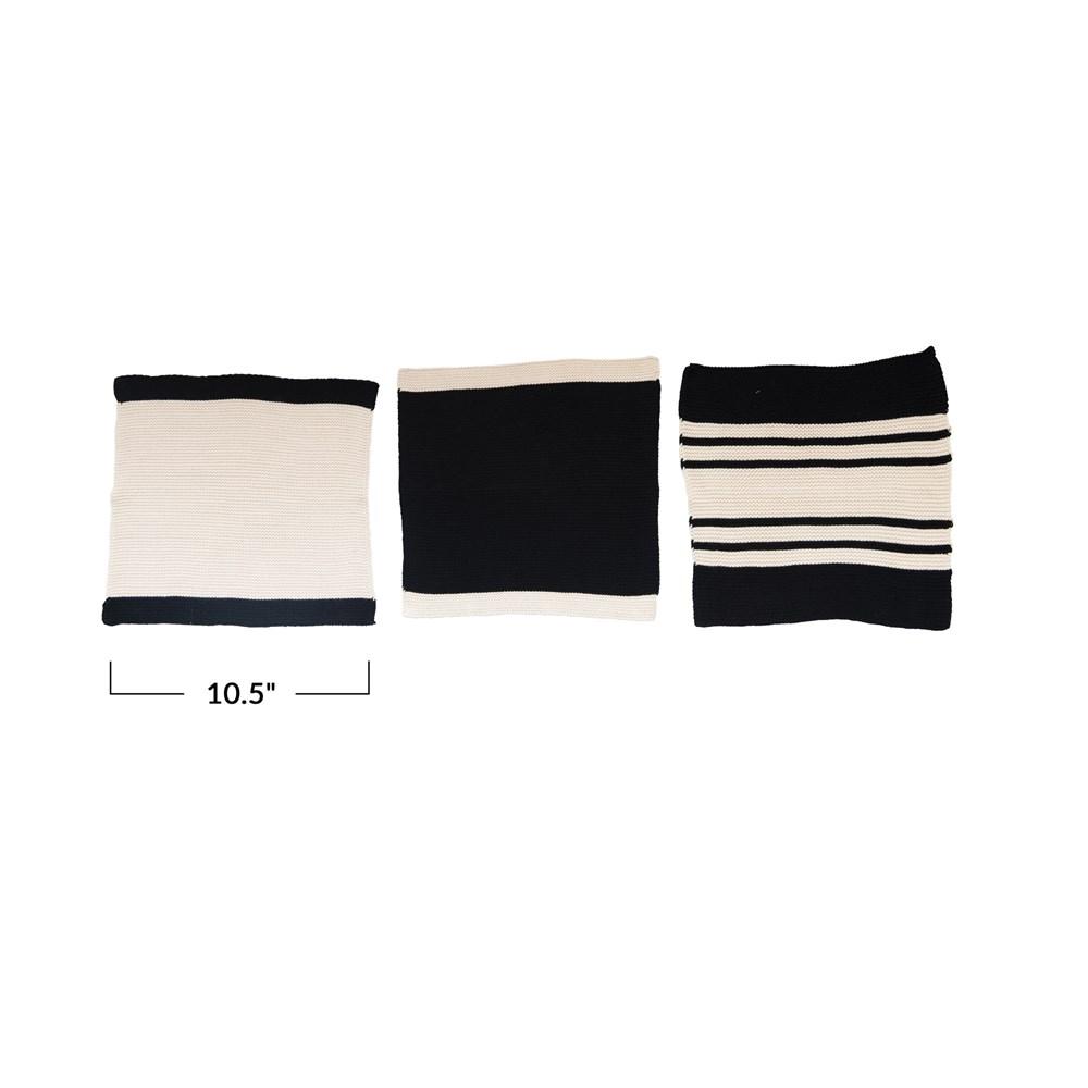 S/3 Black & Cream Cotton Knit Dish Cloths in Cotton Bag