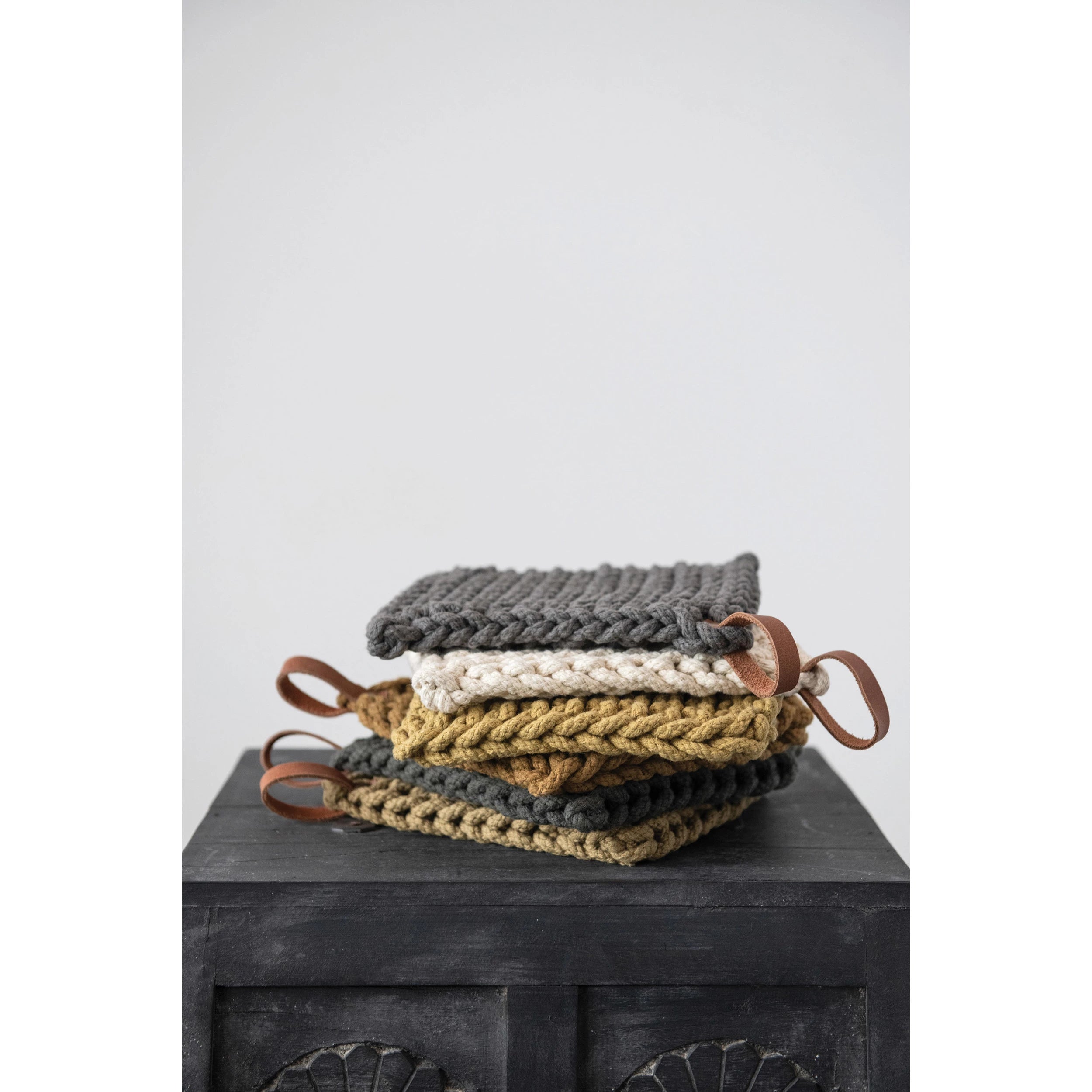 Cotton Crocheted Pot Holder w/Leather Loop