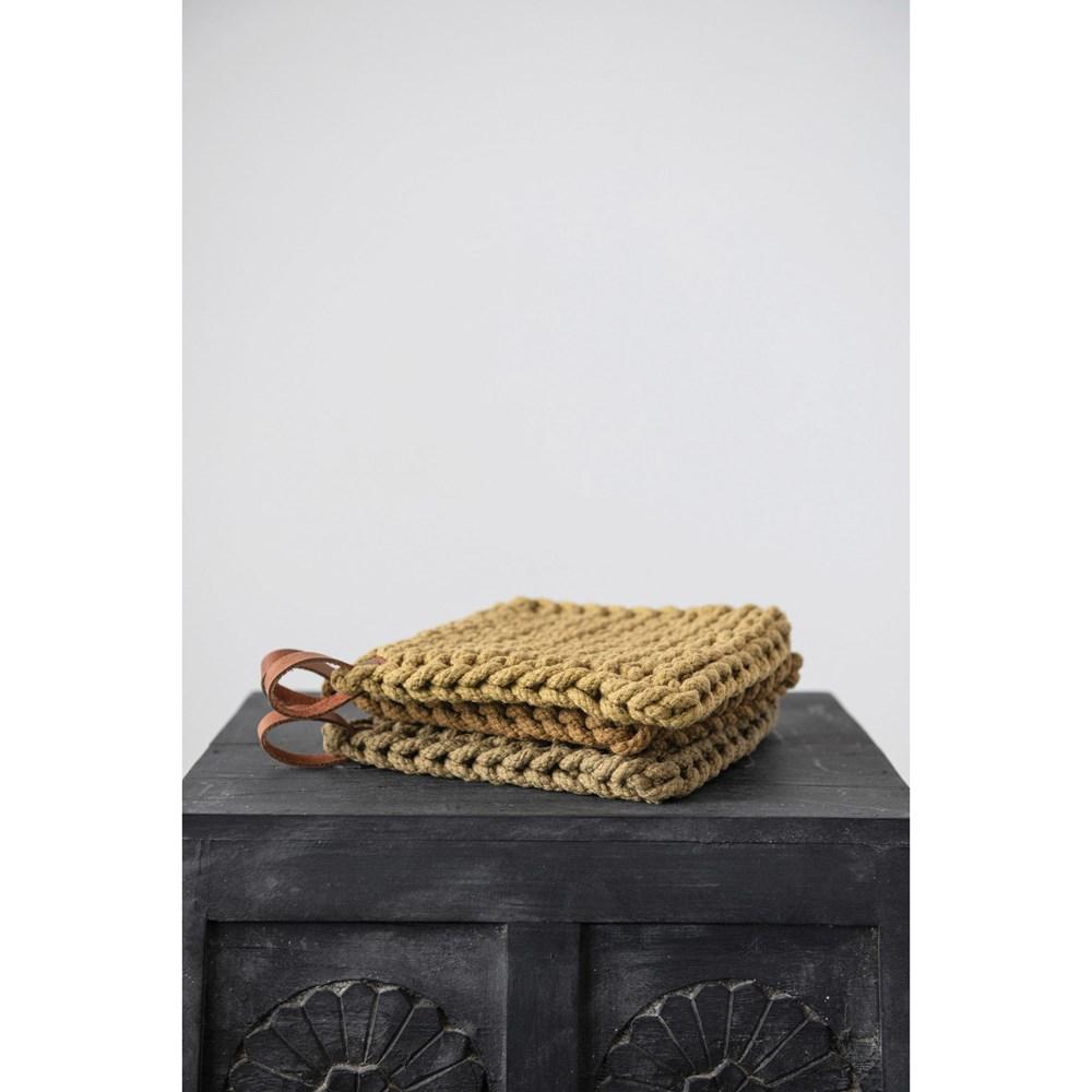 Cotton Crocheted Pot Holder w/Leather Loop
