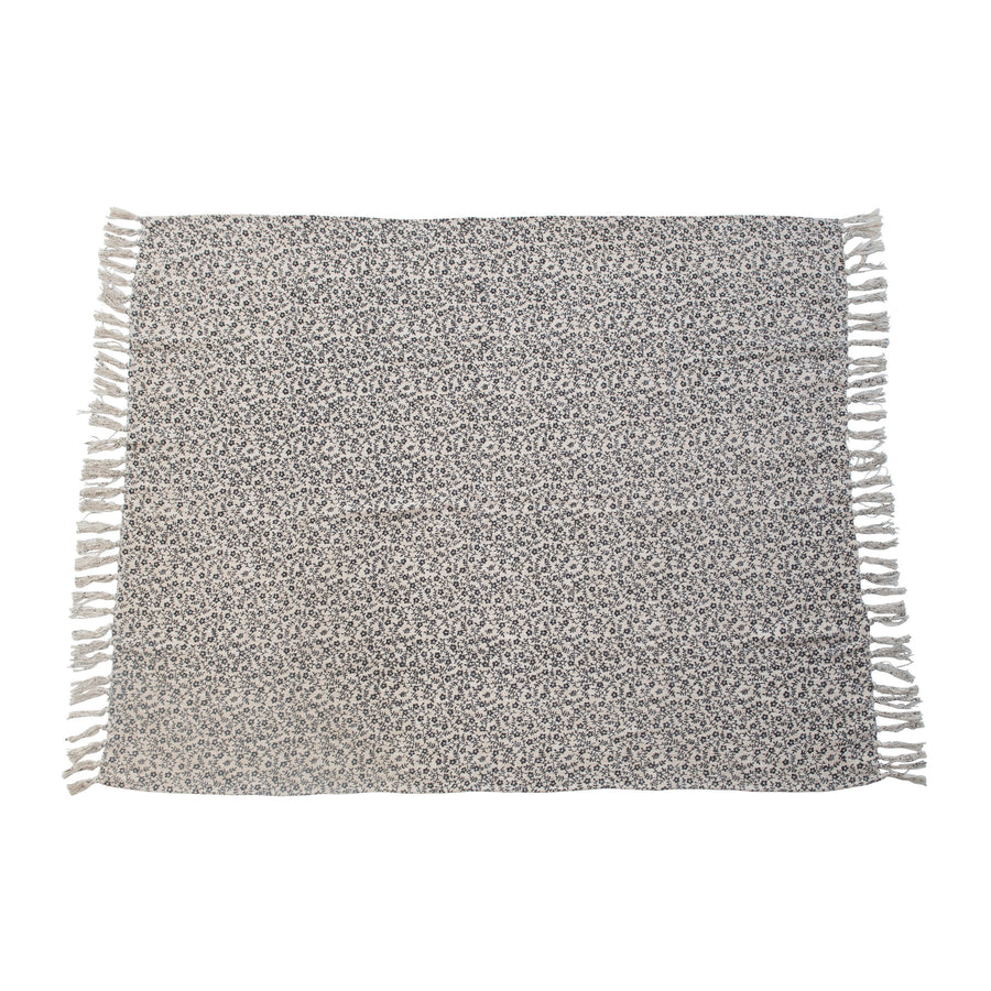 Natural & Black Cotton Slub Printed Throw w/Ditsy Floral Pattern & Fringe