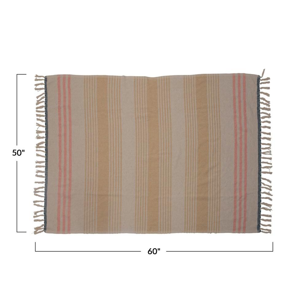 Multi Color Woven Recycled Cotton Blend Throw w/Stripes & Fringe