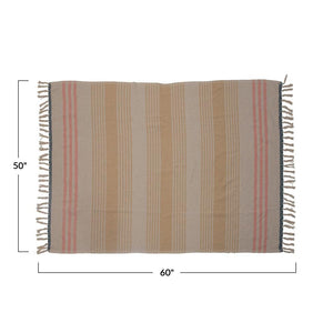 Multi Color Woven Recycled Cotton Blend Throw w/Stripes & Fringe