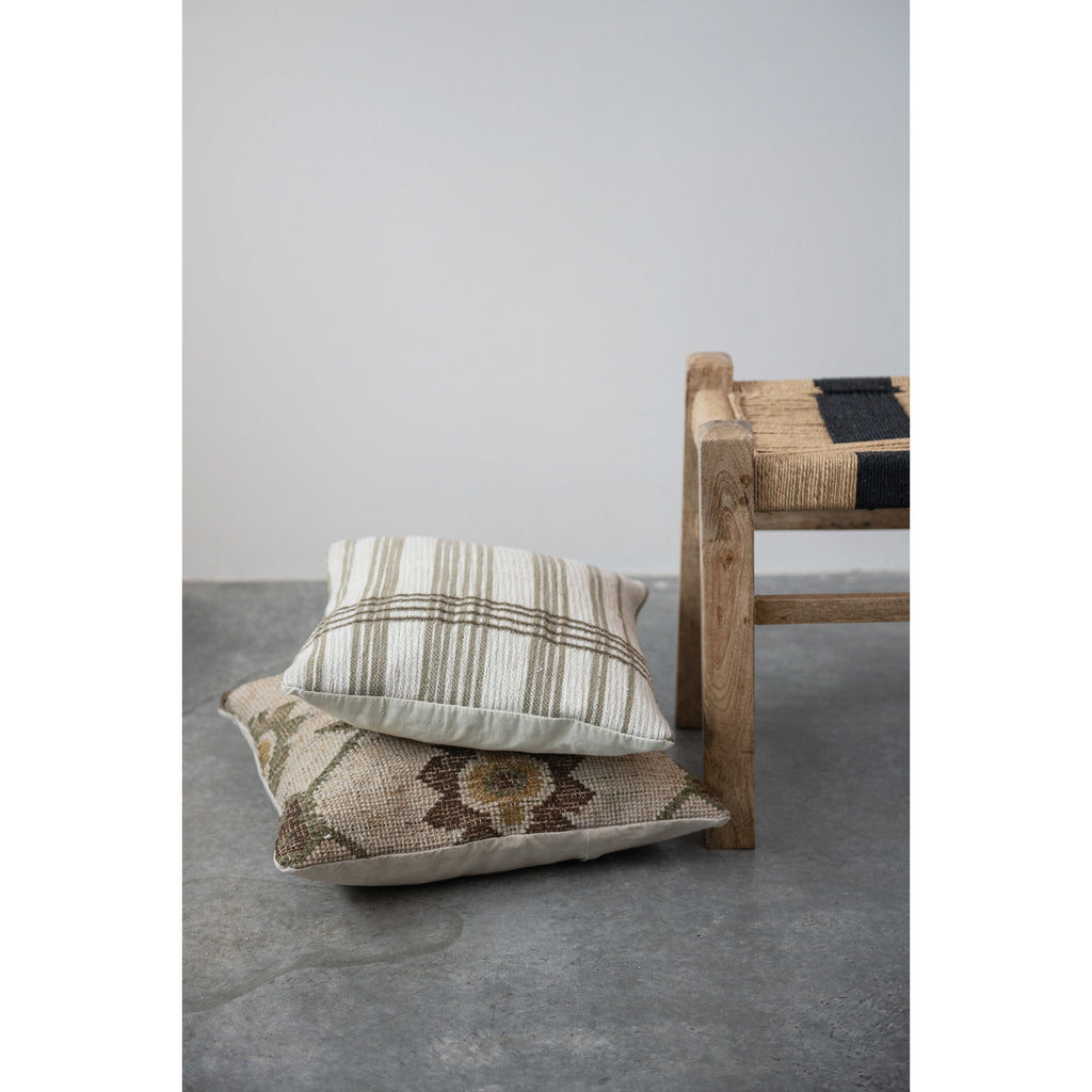 Cream & Green Woven Cotton Jacquard Pillow w/Stripes