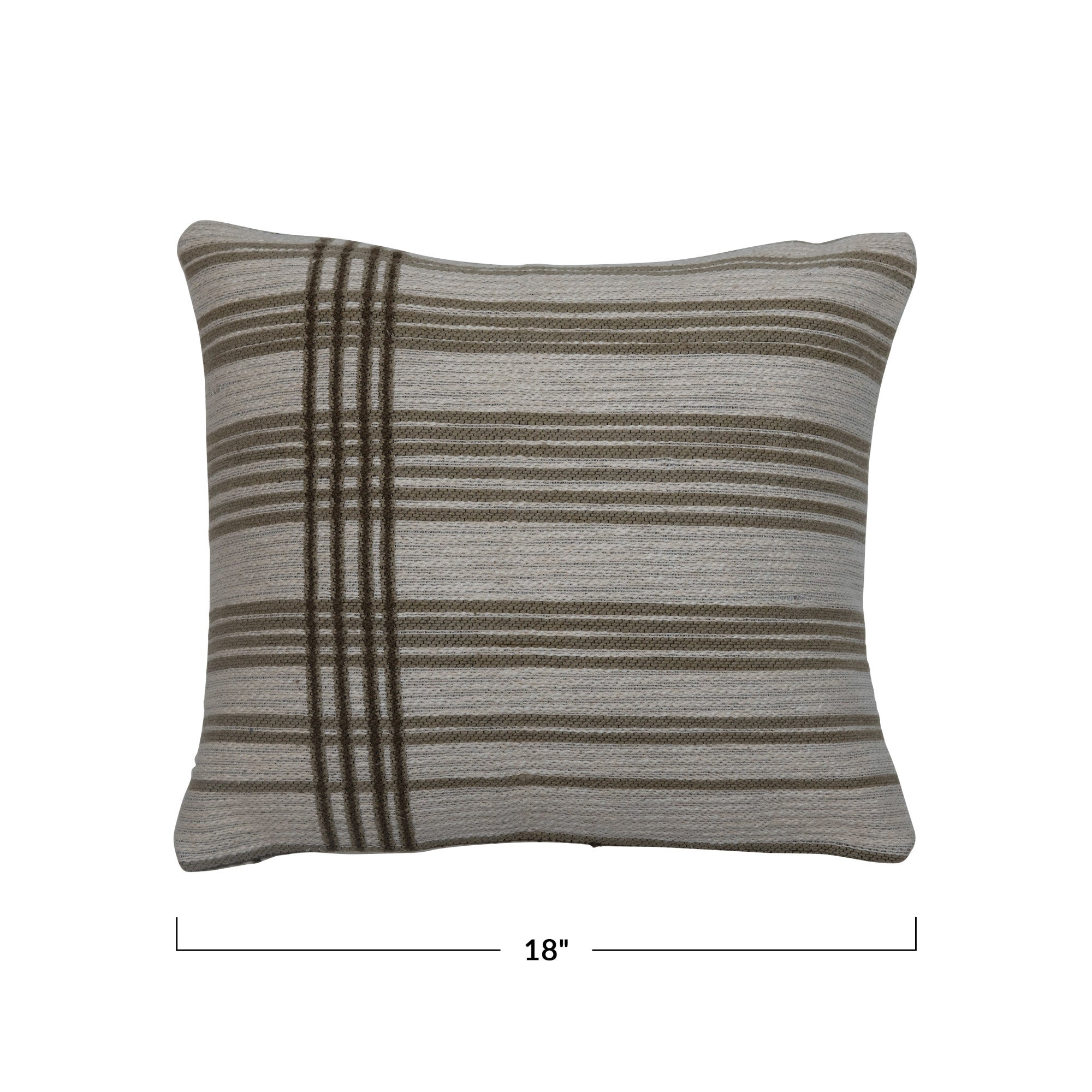 Cream & Green Woven Cotton Jacquard Pillow w/Stripes
