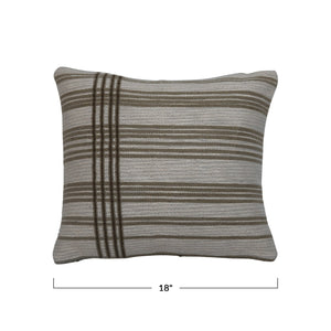 Cream & Green Woven Cotton Jacquard Pillow w/Stripes