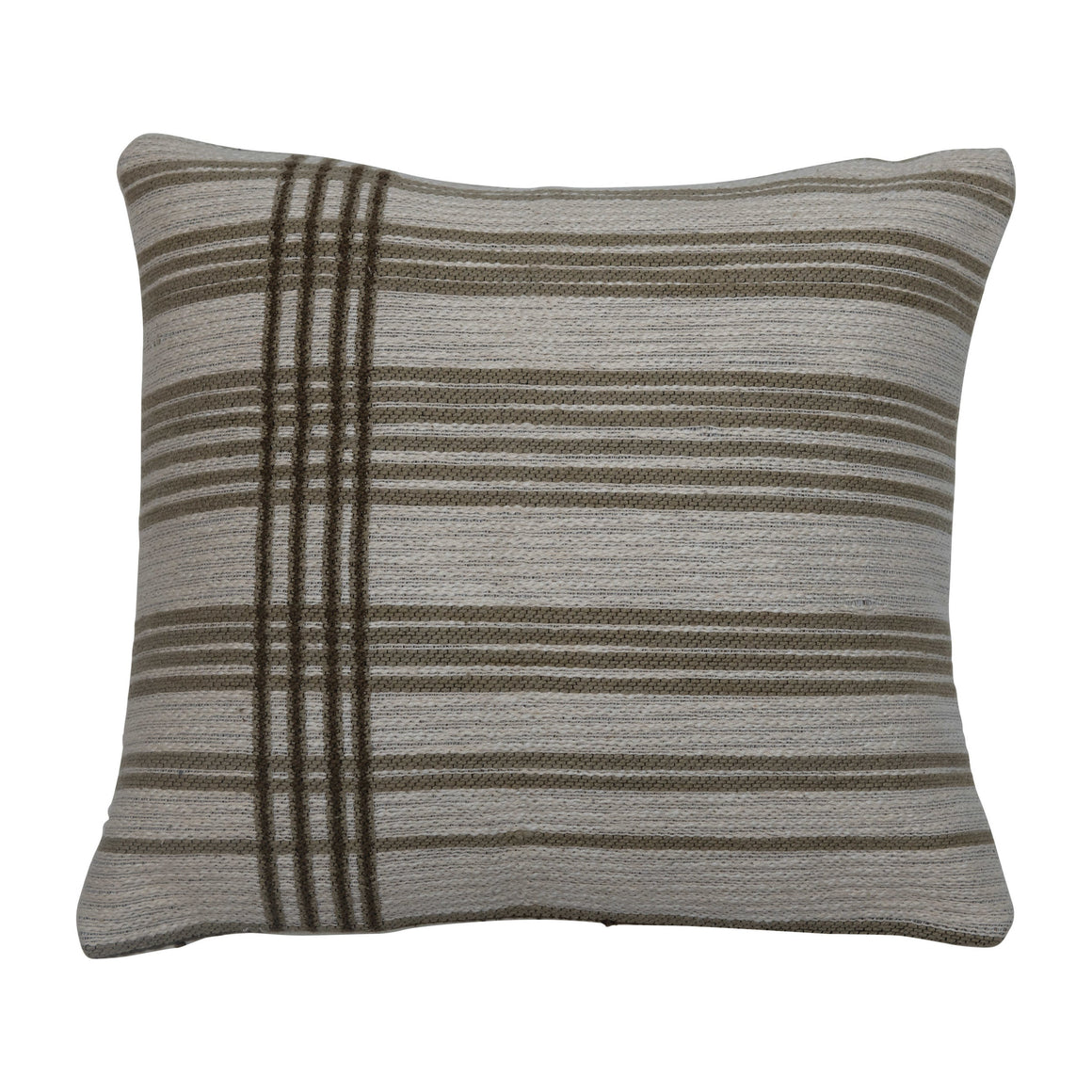 Cream & Green Woven Cotton Jacquard Pillow w/Stripes