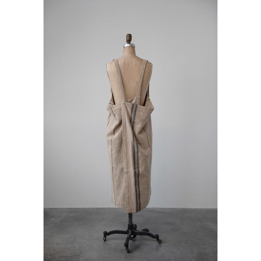 Beige & Black Woven Cotton Blend Cross Back Apron w/Adjustable Straps & Stripes,