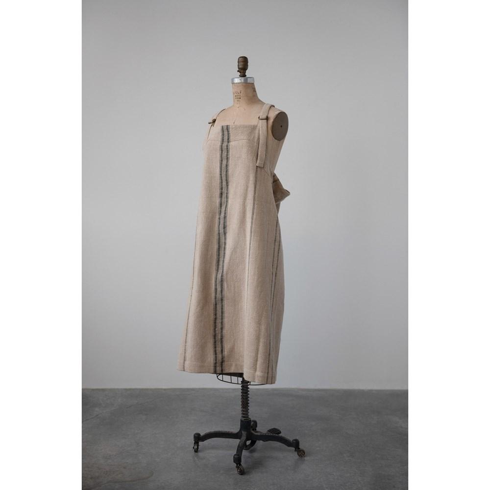 Beige & Black Woven Cotton Blend Cross Back Apron w/Adjustable Straps & Stripes,