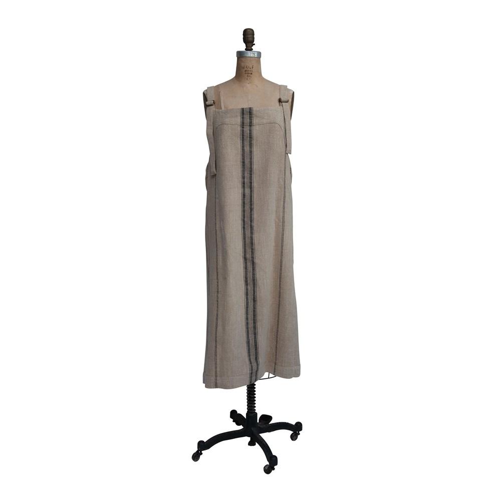 Beige & Black Woven Cotton Blend Cross Back Apron w/Adjustable Straps & Stripes,