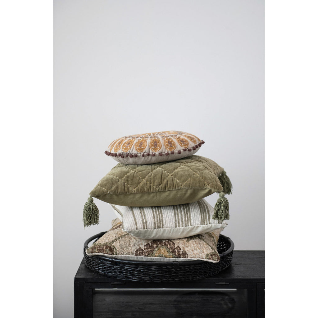 Green Quilted Cotton Velvet Pillow w/Tassels