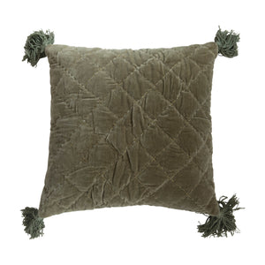 Green Quilted Cotton Velvet Pillow w/Tassels