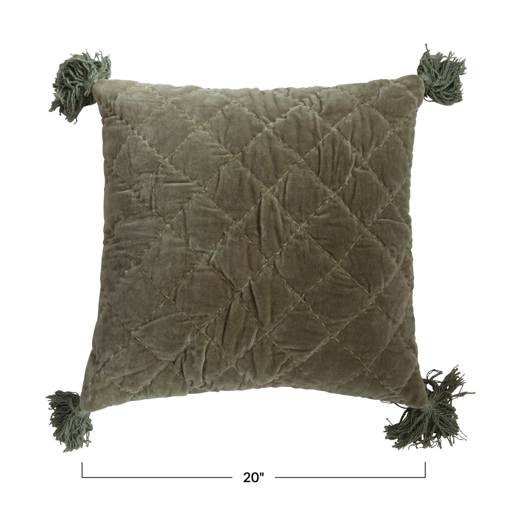 Green Quilted Cotton Velvet Pillow w/Tassels