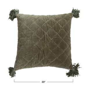 Green Quilted Cotton Velvet Pillow w/Tassels