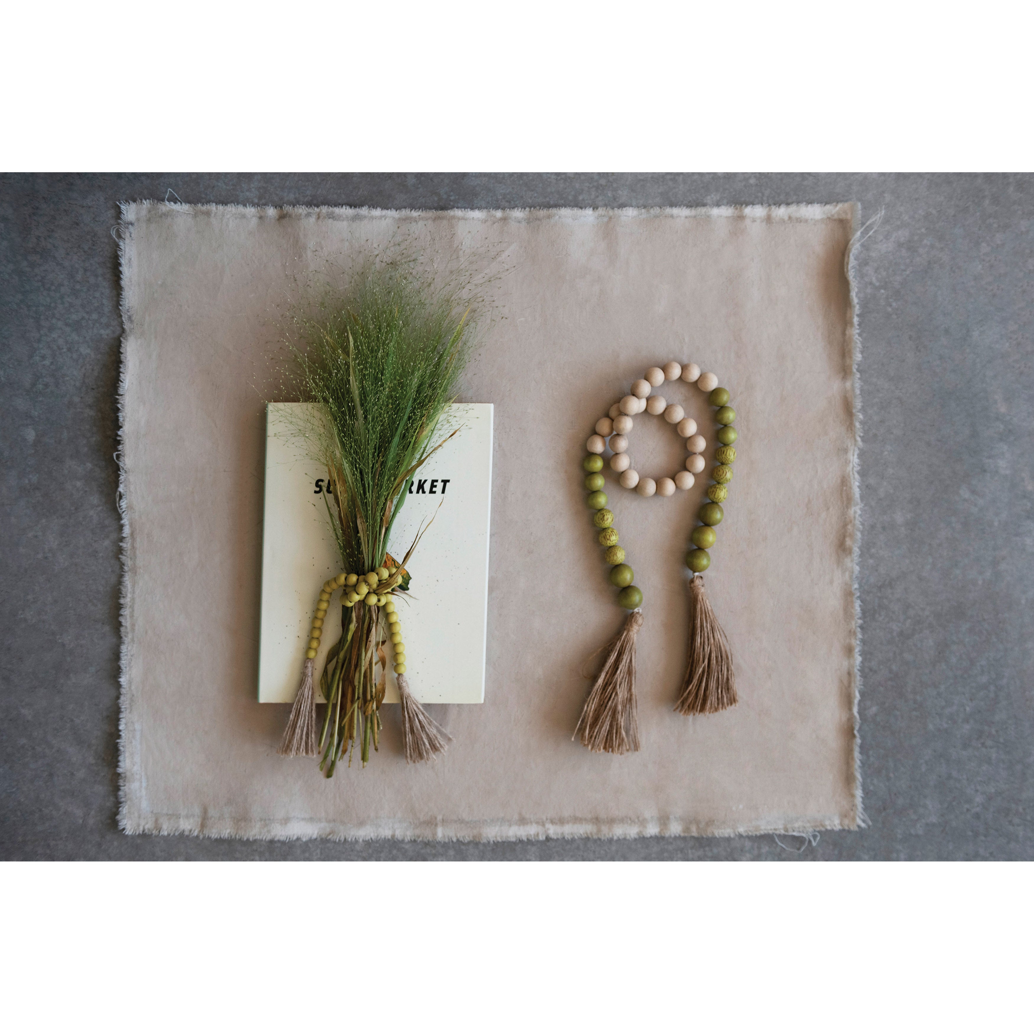Natural & Green Wood & Coco Shell Bead Garland w/Jute Tassels