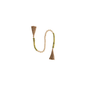 Natural & Green Wood & Coco Shell Bead Garland w/Jute Tassels