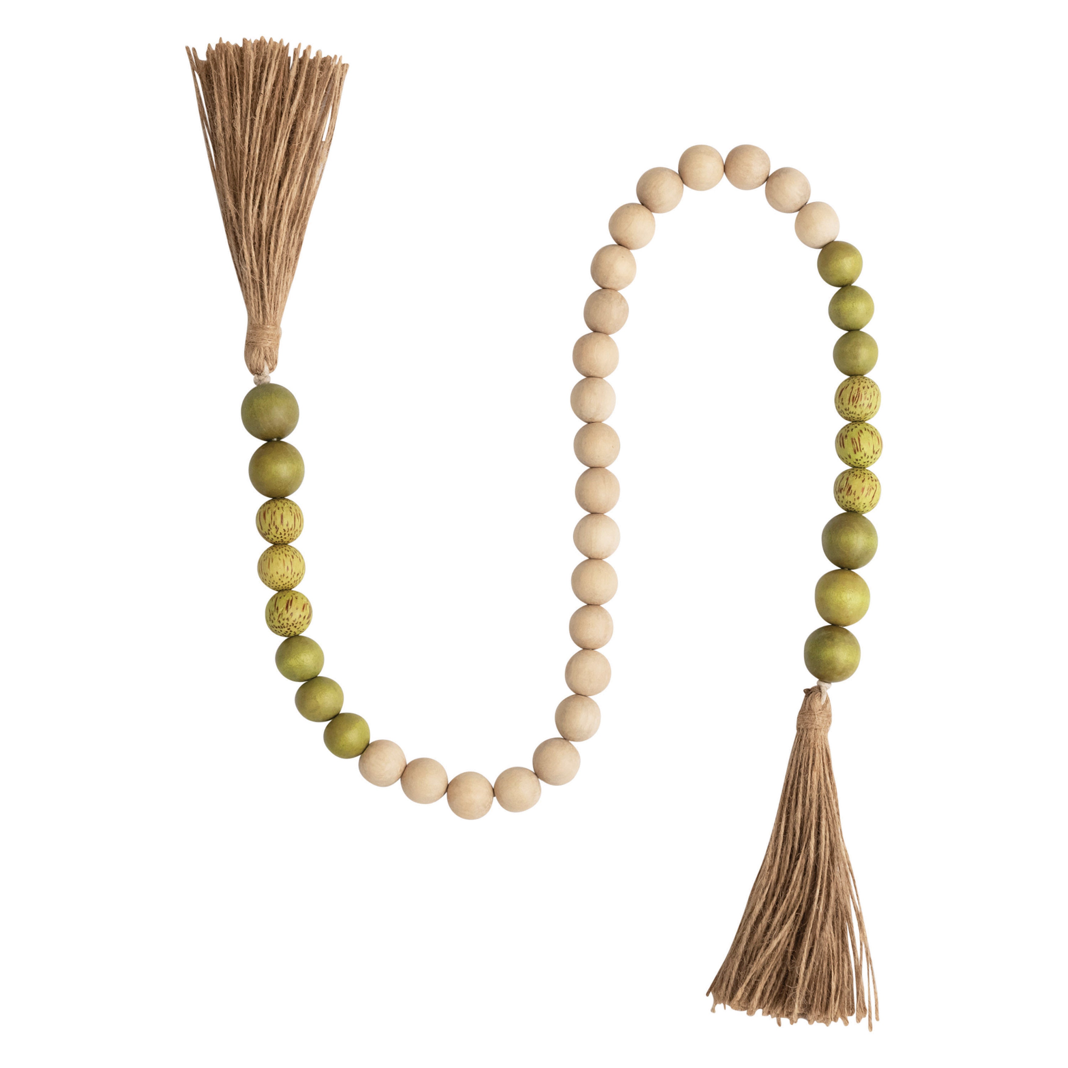Natural & Green Wood & Coco Shell Bead Garland w/Jute Tassels