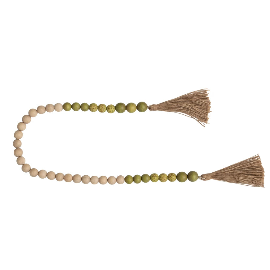 Natural & Green Wood & Coco Shell Bead Garland w/Jute Tassels