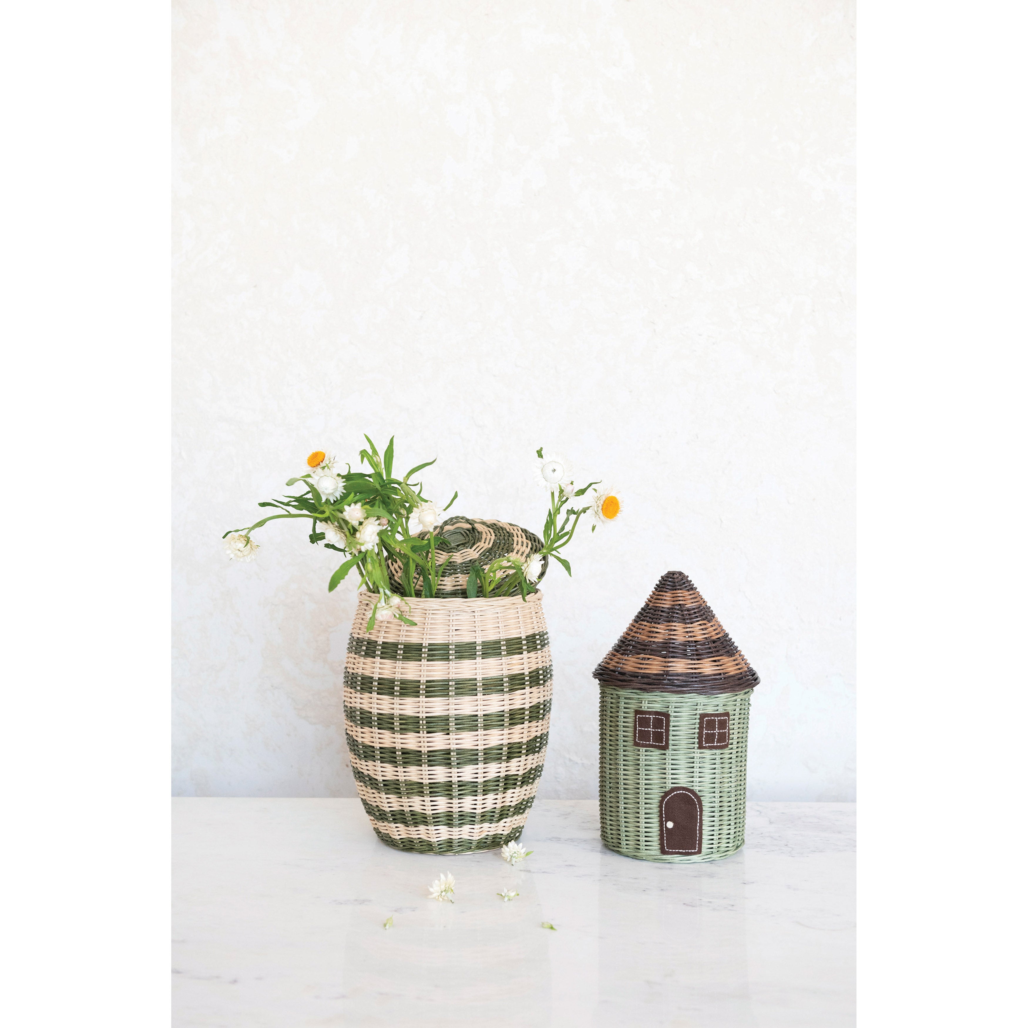 Green & Natural Striped Hand-Woven Rattan Basket w/ Lid