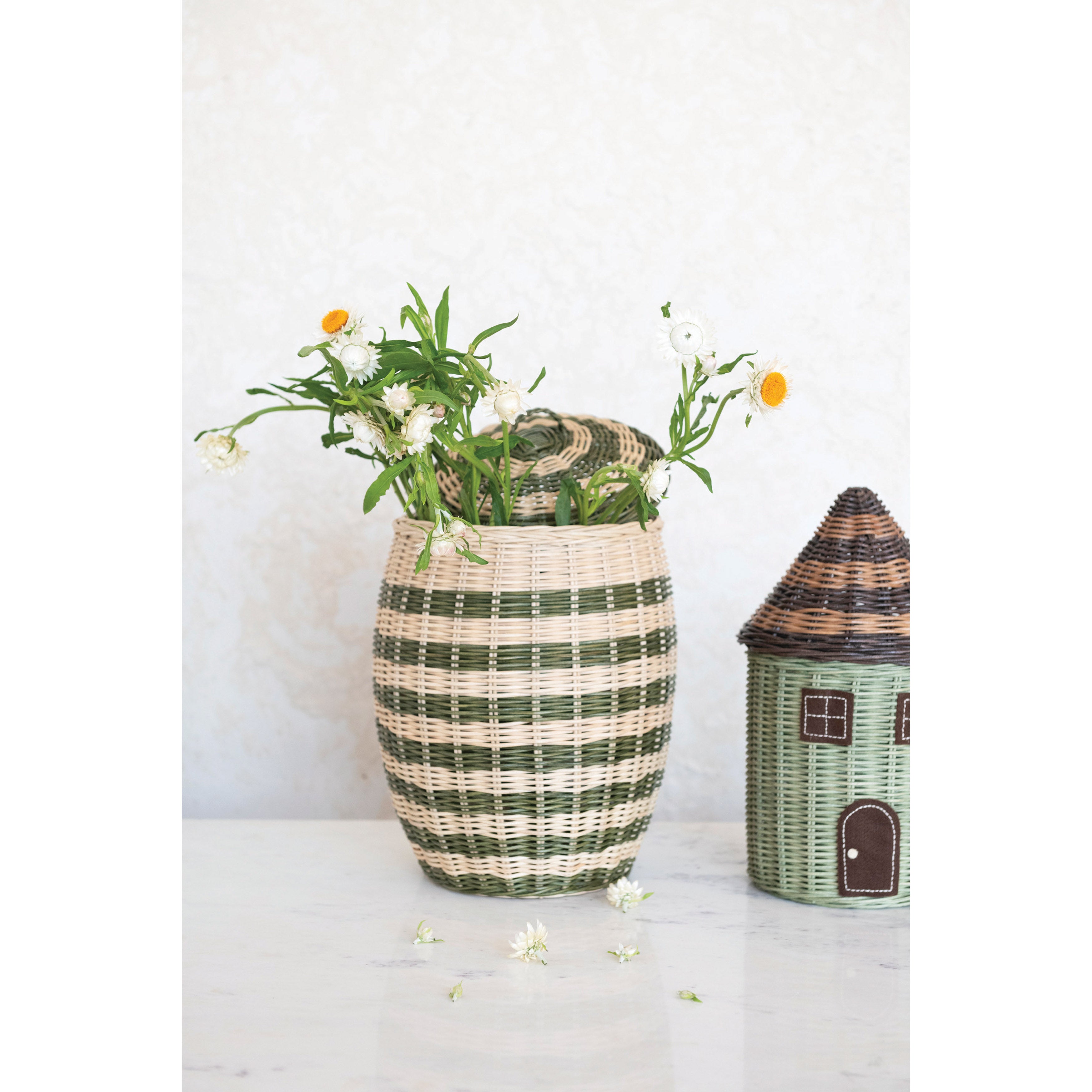 Green & Natural Striped Hand-Woven Rattan Basket w/ Lid