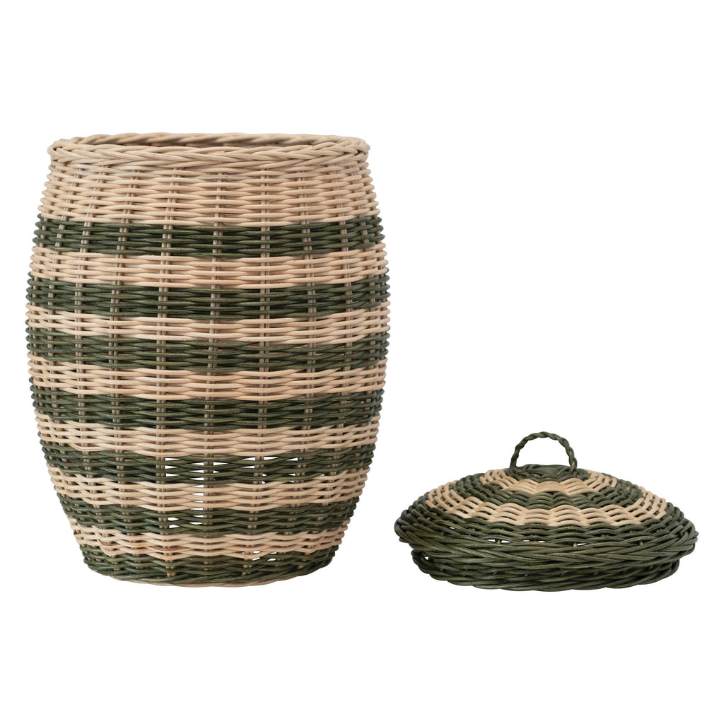 Green & Natural Striped Hand-Woven Rattan Basket w/ Lid