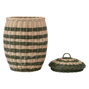 Green & Natural Striped Hand-Woven Rattan Basket w/ Lid