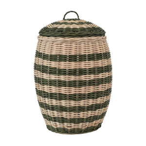 Green & Natural Striped Hand-Woven Rattan Basket w/ Lid