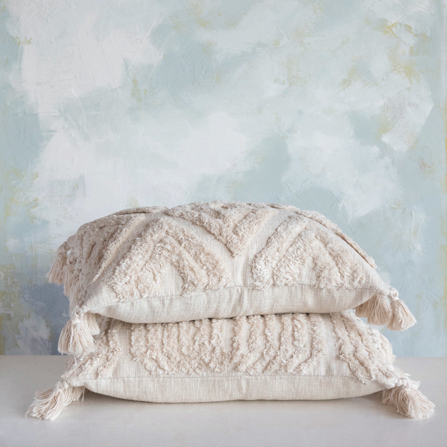 Cream Lumbar Pillow w/Tufted Design & Tassels