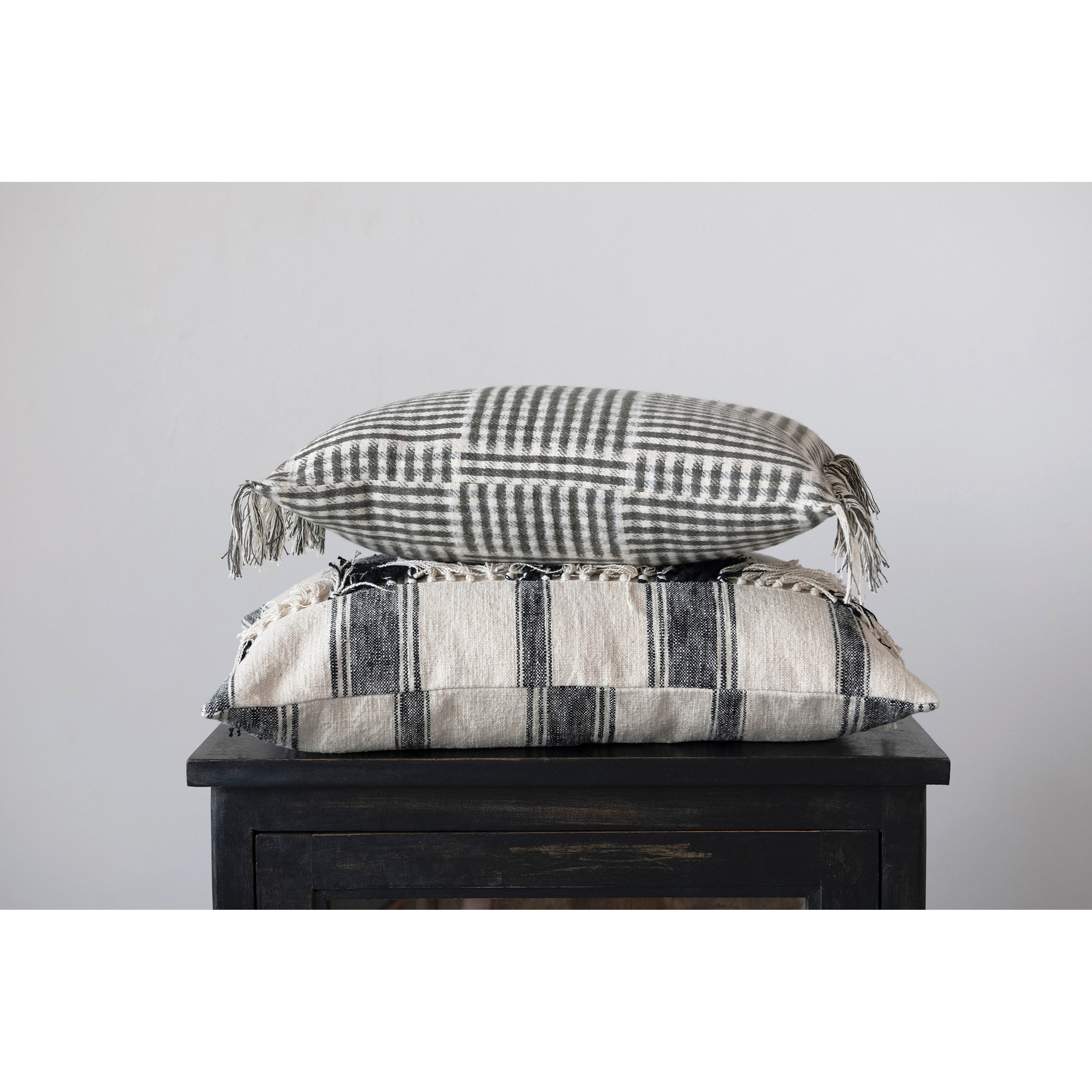 Black & Cream Woven Cotton Lumbar Pillow w/Stripes & Fringe