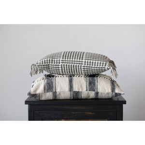 Black & Cream Woven Cotton Lumbar Pillow w/Stripes & Fringe