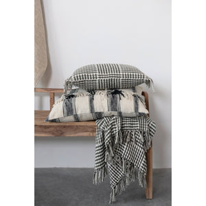Black & Cream Woven Cotton Lumbar Pillow w/Stripes & Fringe