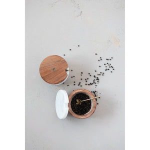 Marble & Wood Bowl w/Lid & Brass Spoon