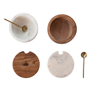 Marble & Wood Bowl w/Lid & Brass Spoon