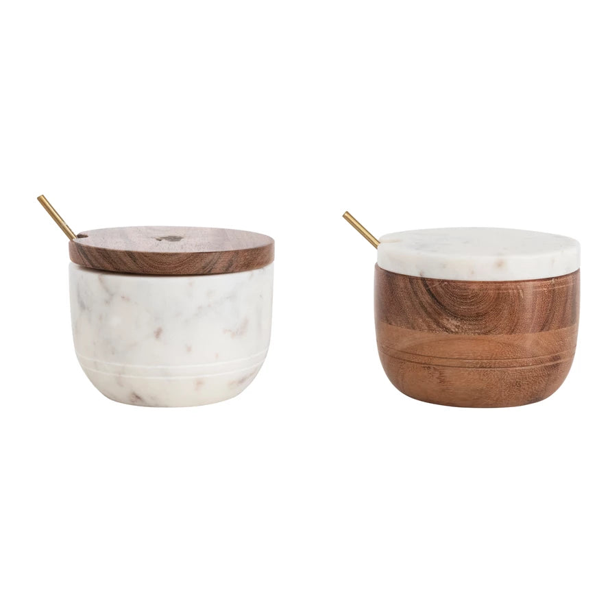 Marble & Wood Bowl w/Lid & Brass Spoon