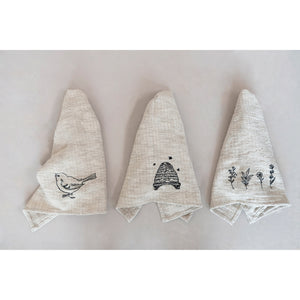 Natural & Black Linen & Cotton Slub Embroidered Tea Towel