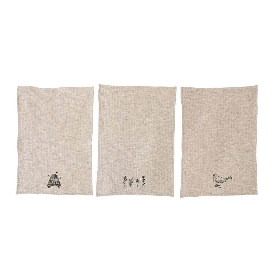 Natural & Black Linen & Cotton Slub Embroidered Tea Towel