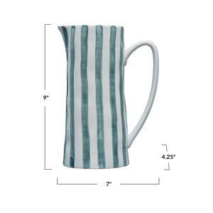 Hand-Painted Stoneware Pitcher w/Stripes, White & Blue
