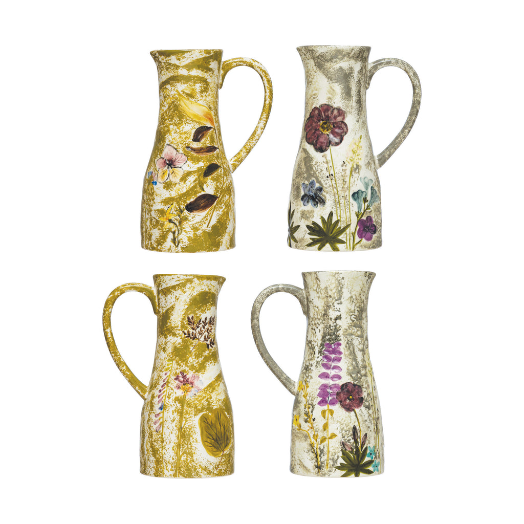 Hand-Painted Stoneware Pitcher w/Debossed Florals