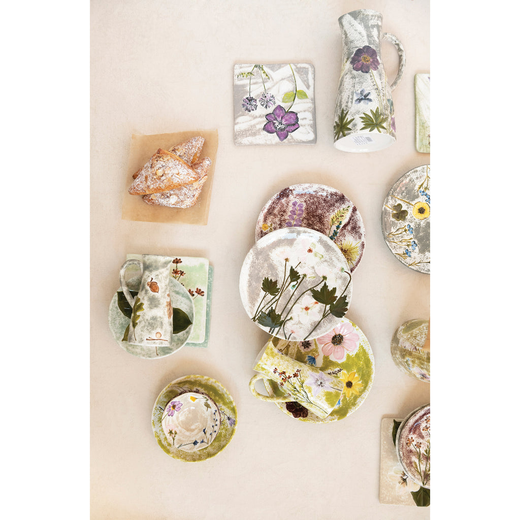 Hand-Painted Round Stoneware Dish w/Debossed Florals