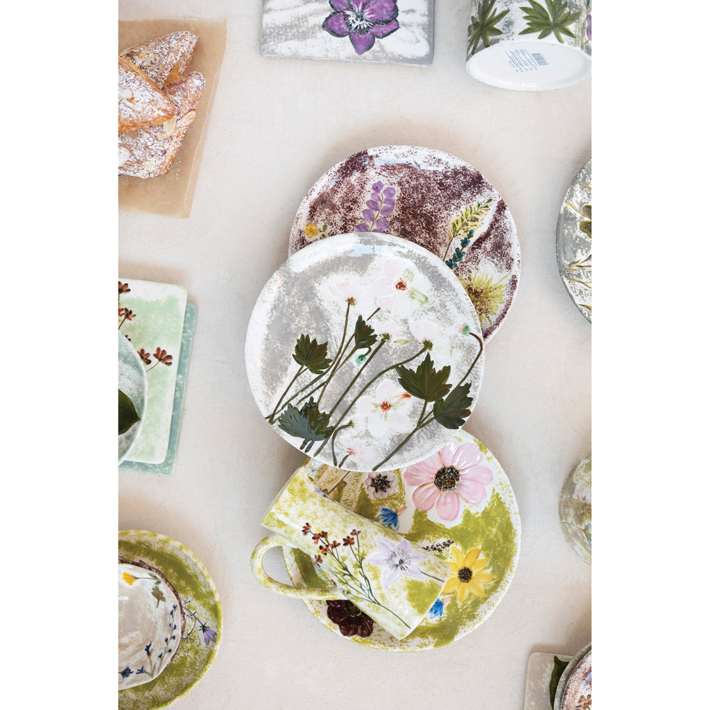 Hand-Painted Round Stoneware Plate w/Debossed Florals